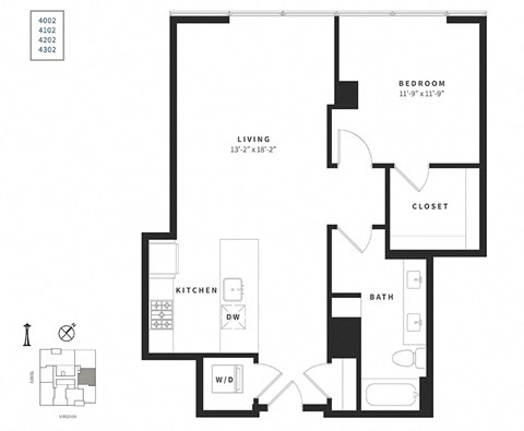 Floor plan for 1 bed, 1 bath, 1039 sqft